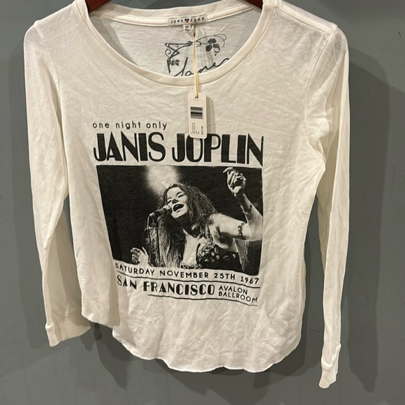 JUNKFOOD Janis Joplin One Night Only White TShirt Long Sleeve XS  Band Tee NWT - Picture 1 of 3